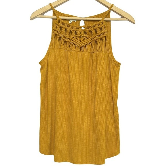 Mustard Yellow Boho Tank Top Crochet Macrame Neck Sleeveless Womens S Blouse - Picture 2 of 9